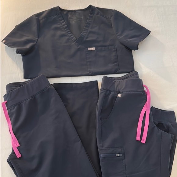Figs Dark Blue Scrub Set with Pink Ties - Picture 1 of 1